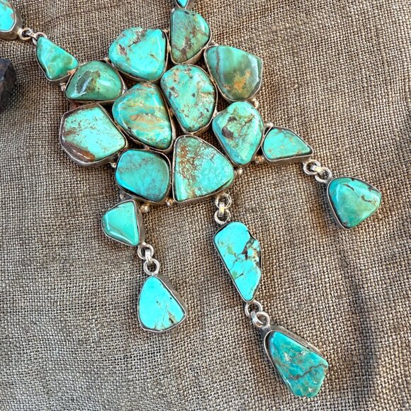 Huge Chunky Sterling Silver & Turquoise Cluster Necklace - Picture 2 of 6